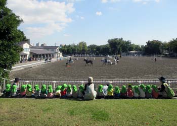 馬場の前で一列になって座り、乗馬の練習を見学する１歳児達